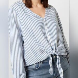 Kismet Striped Front Tie Blouse White & Blue Rayon